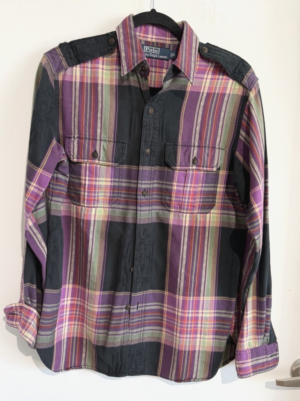 Polo Ralph Lauren Military Safari Plaid Shirt Small Epaulets Jacquard textured